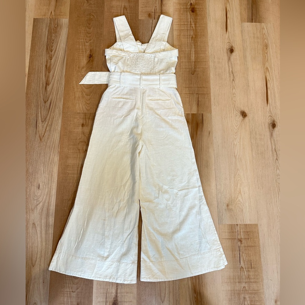 Anthropologie Button Front Belted Wide Leg Crop Jumpsuit Cream Size 00 Linen - Picture 3 of 16